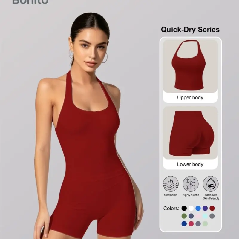 Two-Piece Set Women's Solid Color Halter Top & High Waist Shorts Sports Set, Sporty Breathable，Quick Drying Outfits for Yoga Gym Workout Running, Ladies Sportswear for Summer，Workout Running Clothes, Athletic Workout Clothing