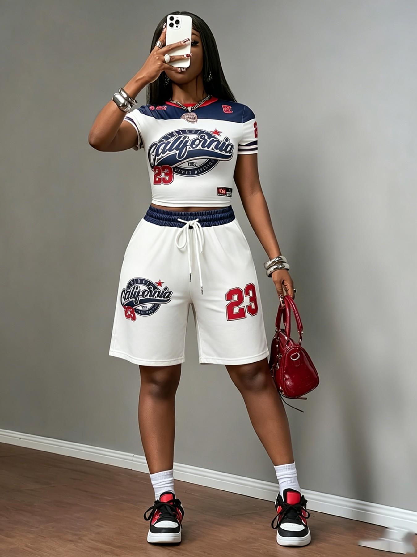 Y2K Slogan Print Two-Piece Activewear Set, Short Crop Top & Loose Shorts, Sporty Streetwear