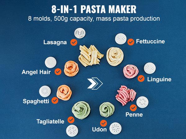 VEVOR Electric Pasta Maker, 150W Automatic Noodle Maker Machine with 8 Pasta Shapes, 4 Intelligent Modes, 500g Flour Capacity Pasta Maker Machine with Measuring Cups, Cleaning Brush for Home Kitchen