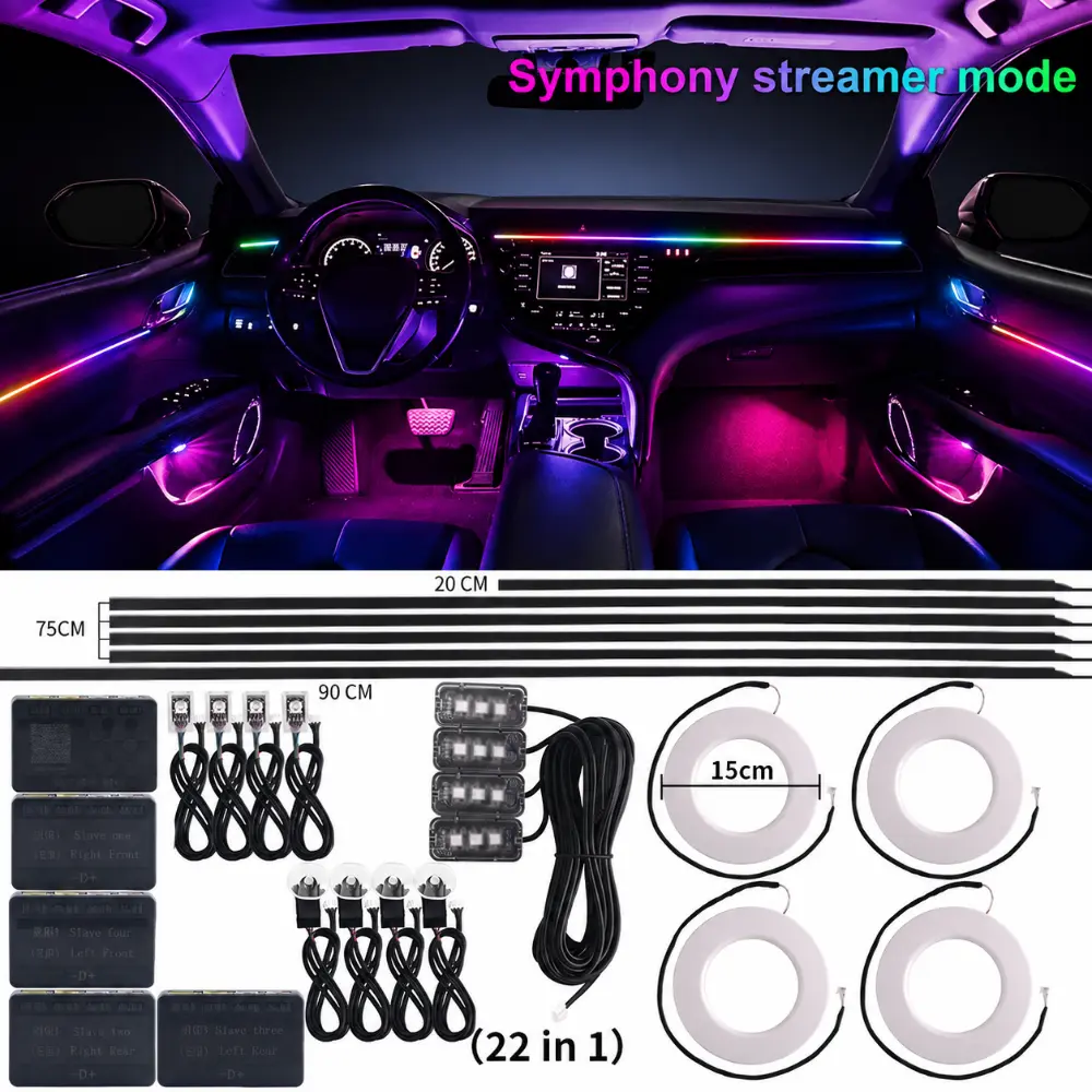 OPRAH Acrylic Car Ambient LED Light Strips – Wireless APP-Controlled RGB 6/10/18/22-in-1 Light Strip Kit, RGB Flowing Color-Changing Effects, 256 Colors, APP Control, 12V Input, IC Chip Car Accessory, Interior Decorative Accessory for Car Enthusiasts