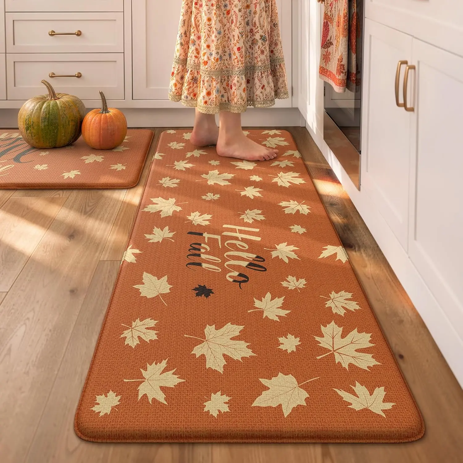 Harvest Maple Leaf Kitchen Rug Duo, 48x24 + 71x24 Inch, 0.4-Inch PVC Cushioned Anti-Fatigue Floor Mats, Two-Piece Comfort Runners for Sink, Stove, Prep Counter, Laundry Room, Kitchen Essentials & Fall Home Decor
