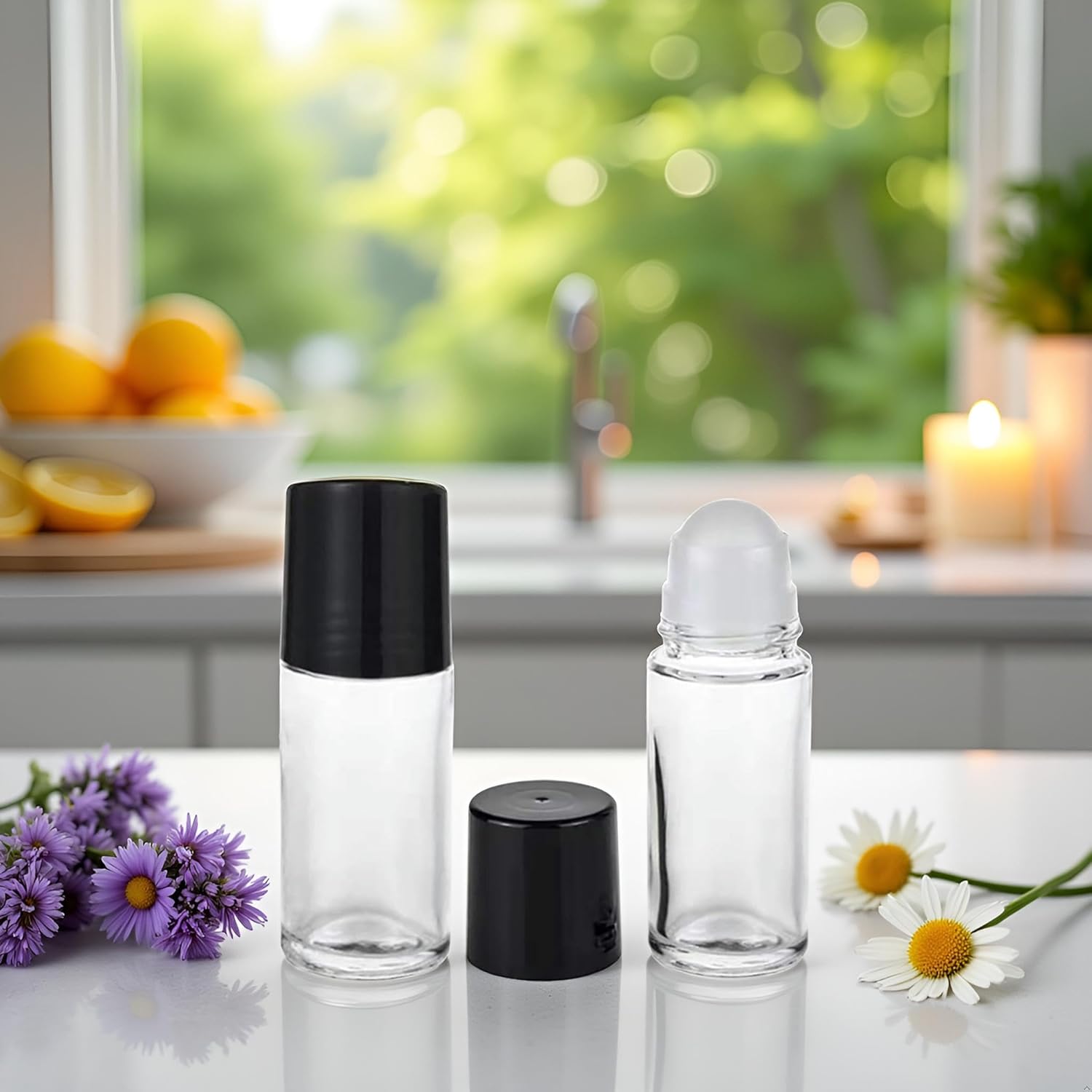 2 count Black Clear Empty Glass Essential Oil Roller Bottles Vials Containers Refillable Roll- with Funnel Refillable  Containers Roller Bottles(30ML)