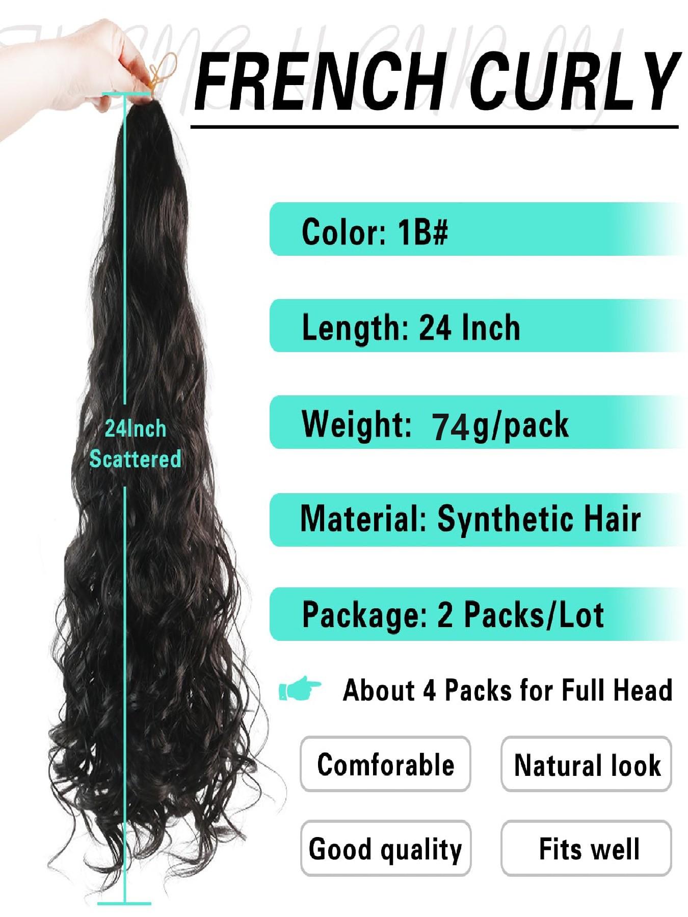 French Curly Braiding Hair Loose Wave Crochet Hair 2 Packs Pre Stretched Braiding Hair Bouncy Beach Curls Wavy Hairstyle 74 G/Pack Synthetic Hair Extensions for Women