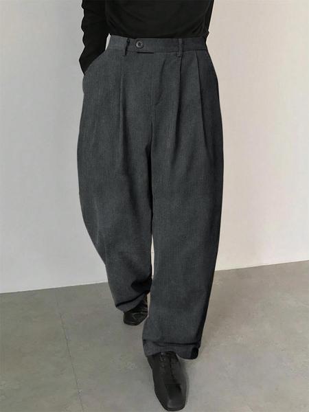 Men's Solid Color Button Fly Side Pocket Corduroy Carrot Pants, Loose-Fitting Casual Comfy Zipper Trousers for Daily Wear, Woven Bottoms for All Seasons, Casual Textured Trousers