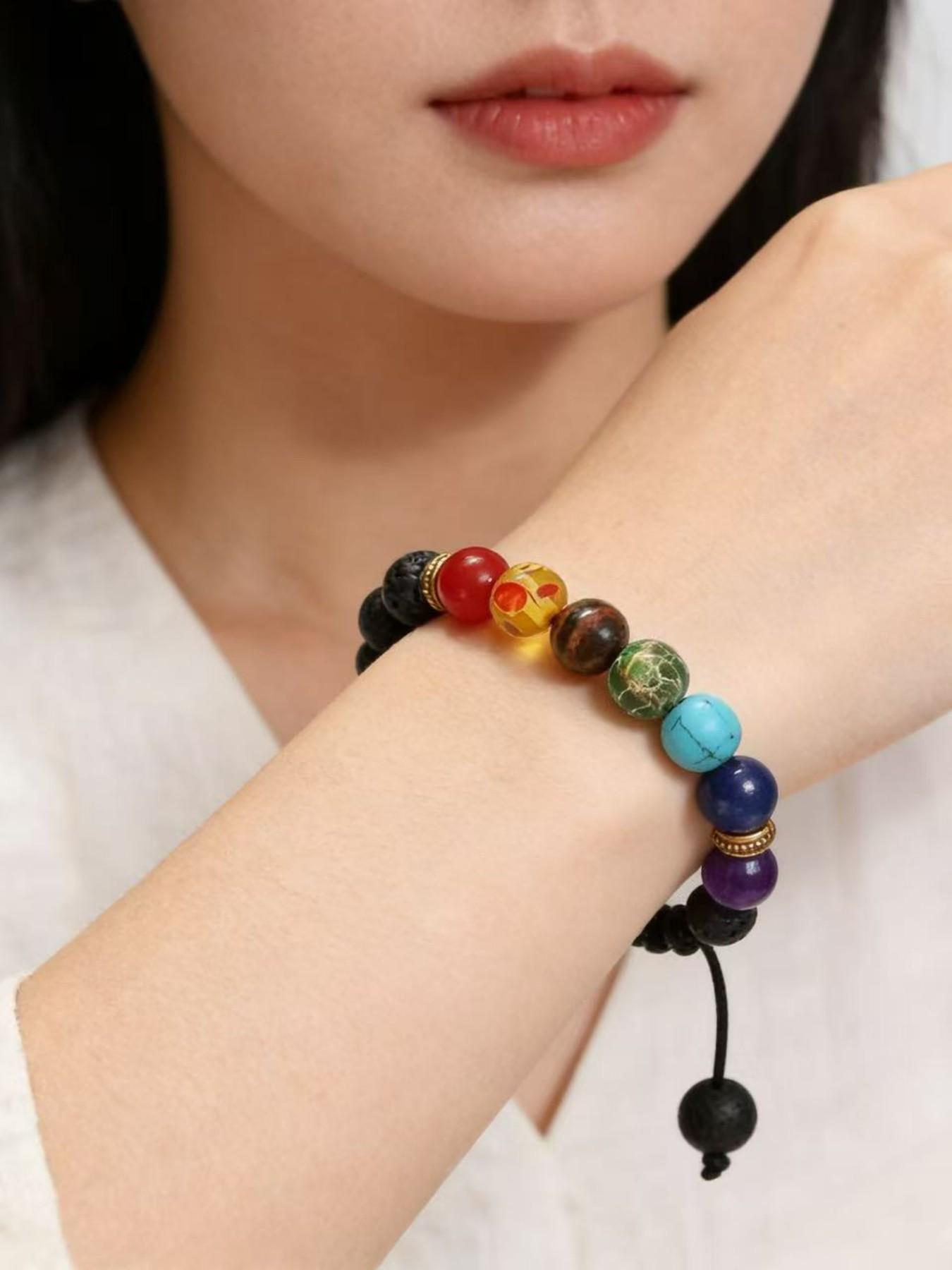 Boho 7 Chakra Lava Stone Bracelet for Women Men, Adjustable Natural Stone Beaded Bangle, Perfect Spiritual Gift