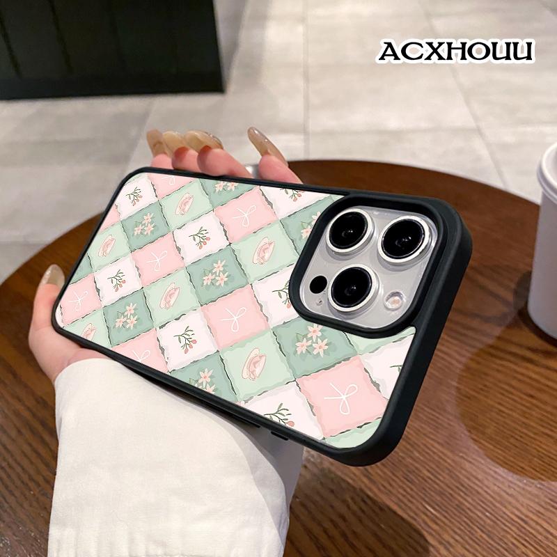 Pastel Tea Checker Pattern Magnetic Phone Case for iPhone 17 16 15 14 Pro Max 13 12 11 XR XS Plus Anti-Yellowing Shockproof Lightweight Transparent Acrylic Soft Cover Supports Wireless Charging