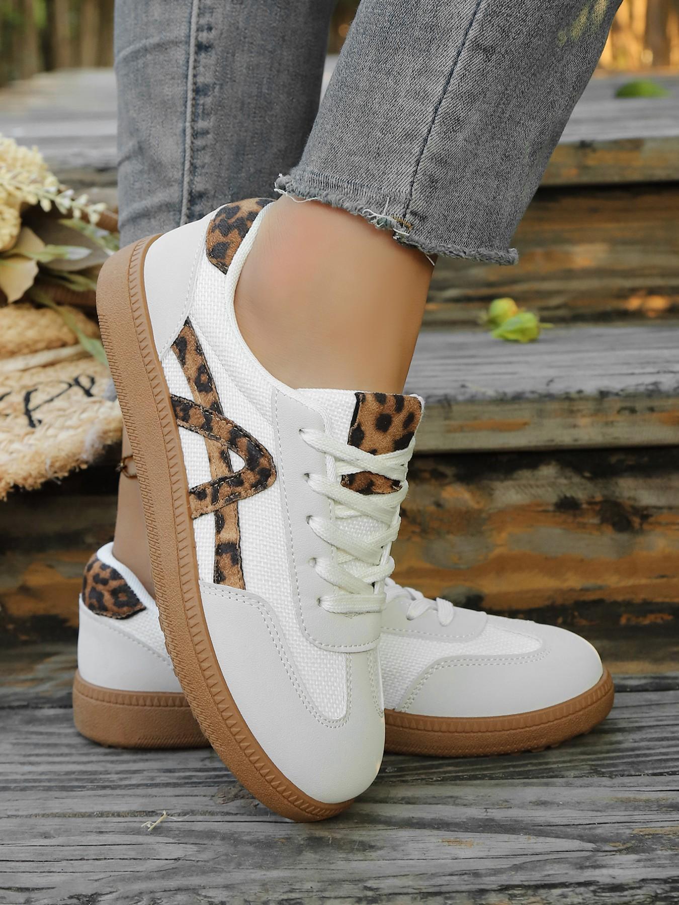 Women's Leopard Patchwork Trainers, Spring & Fall Casual Comfortable Breathable Lightweight Flat Shoes, Retro Style Daily Commute School