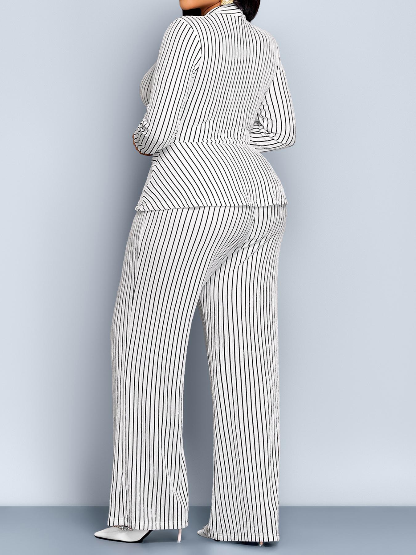 Women's Striped Two-Piece Set, Elegant Fall & Winter, Deep V-Neck Long Sleeve Top, High-Waisted Wide-Leg Pants, Plus Size
