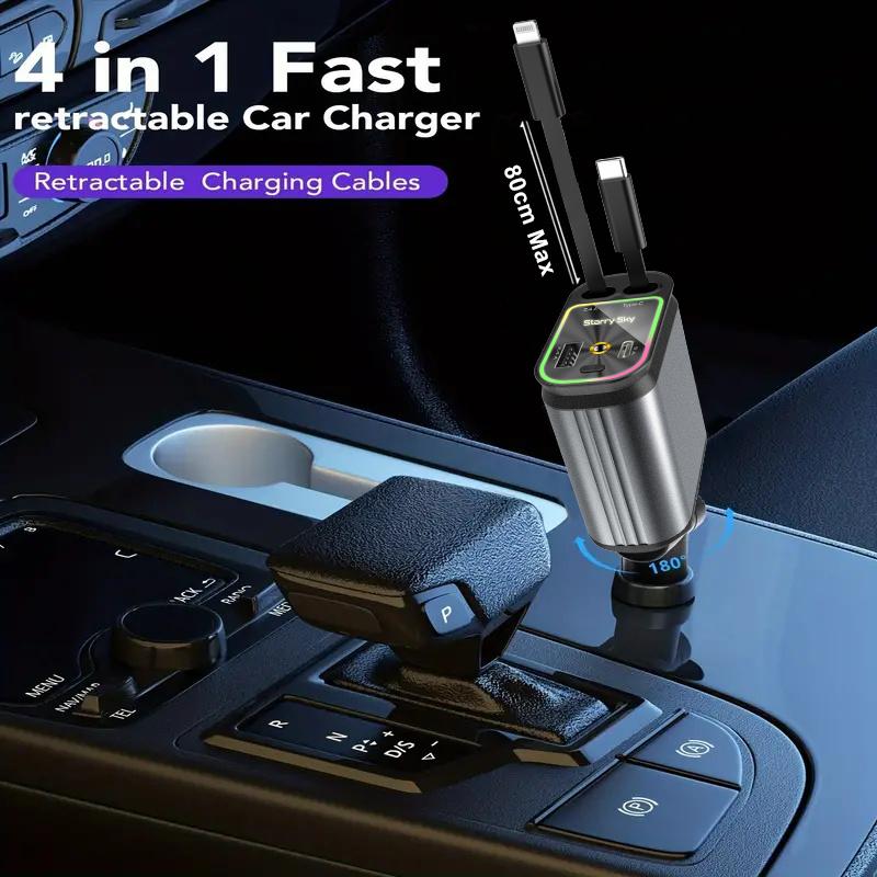 4-in-1 Headliner Fast Charging Retractable Car Charger Starlight Roof Projector with Red and Blue Light, 31-inch Retractable Cable (for Type-C and iOS Devices),- Travel Car Accessories​​