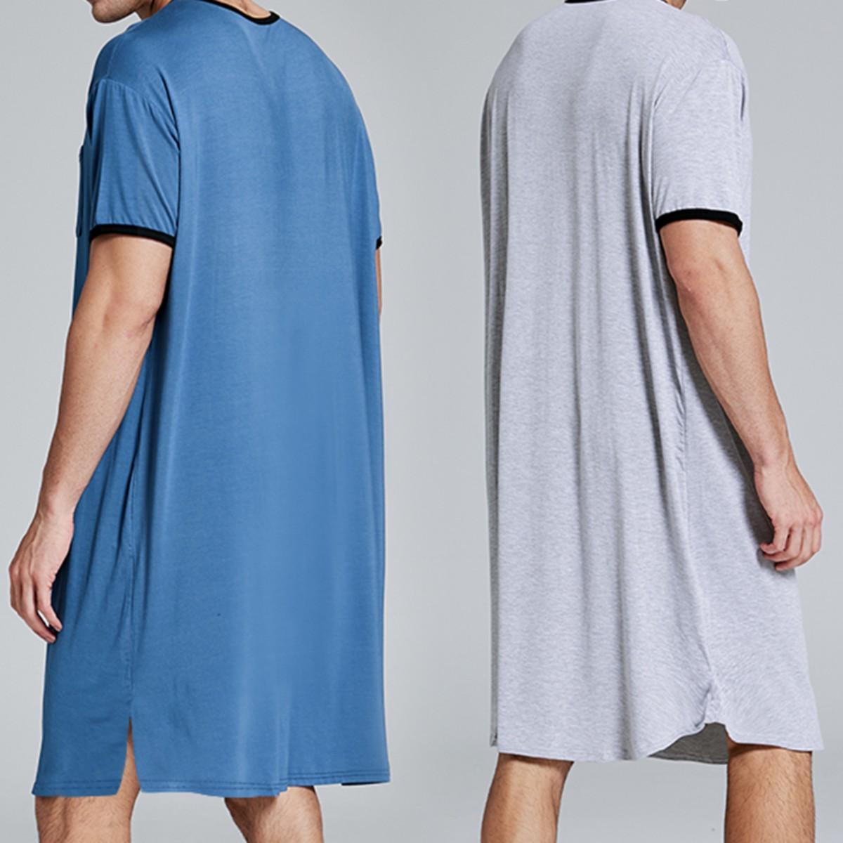 Men's Raw Street Wear Short-Sleeve Loungewear Robe - Menswear Nightwear, Thin Lengthened, Relaxed Fit, Skin-Friendly Stretchy, Loose Homewear Bathrobe, Vintage Nightgown, Sizes M-3XL