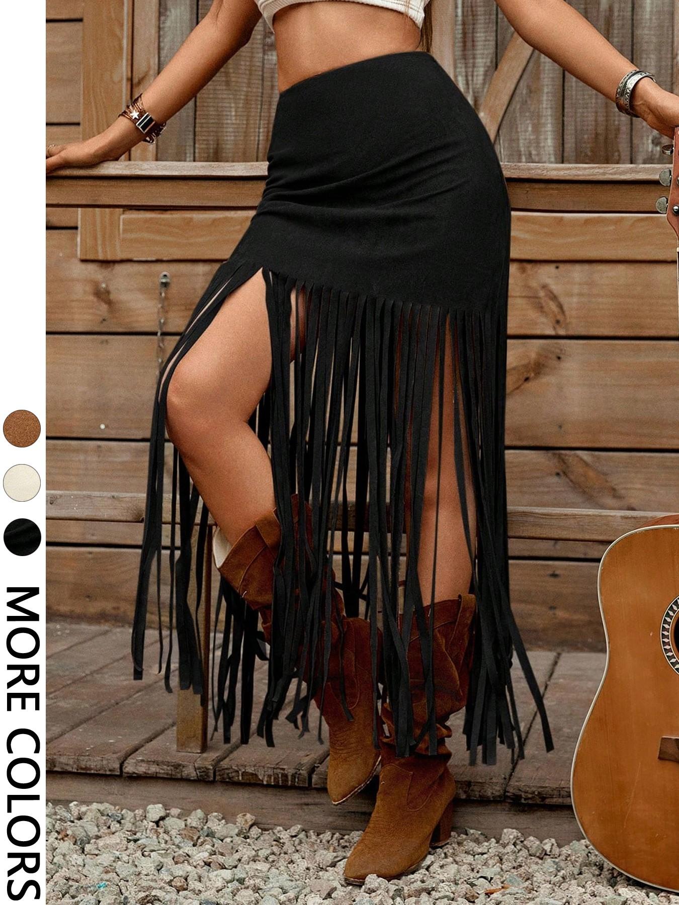 Women's Faux Camel Suede Fringe Hem Mini Skirt, Casual Spring Summer Country Music Festival Wear, Plain Design, A-Line Fit