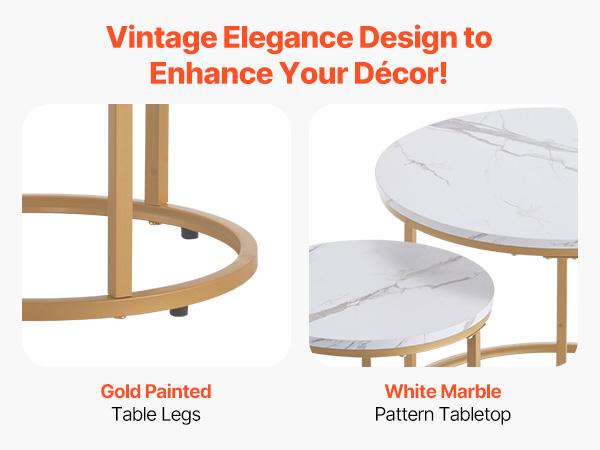 VEVOR Nesting Coffee Table Set of 2, 23.6 in Round Coffee Table, Nesting Tables for Small Place, Vintage End Side Tables Night Stand with Metal Frame, for Living Room, Bedroom, Office (White Gold)