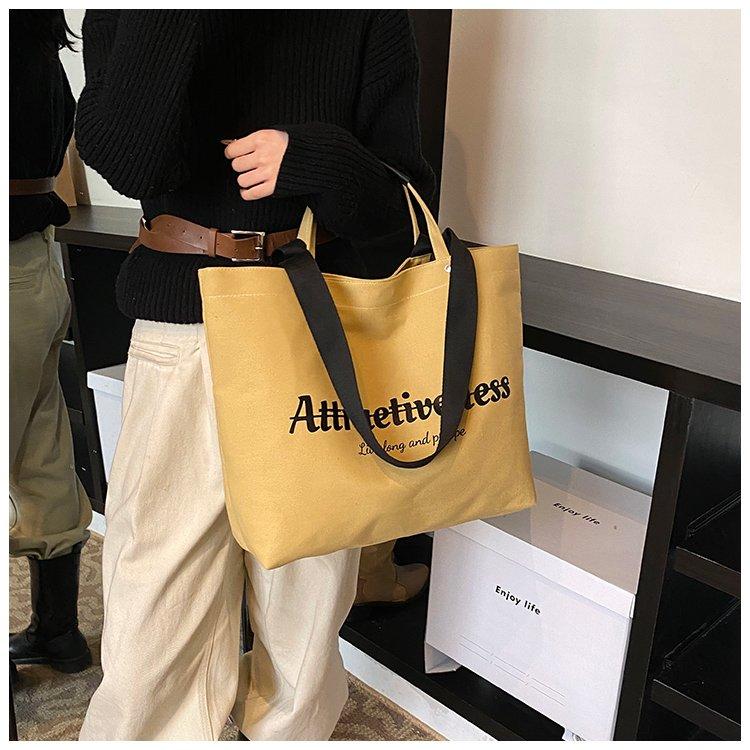 Casual Letter Print Canvas Tote Bag, Large Capacity Commute Shoulder Bag, Lazy Style Handbag, Student School Bag