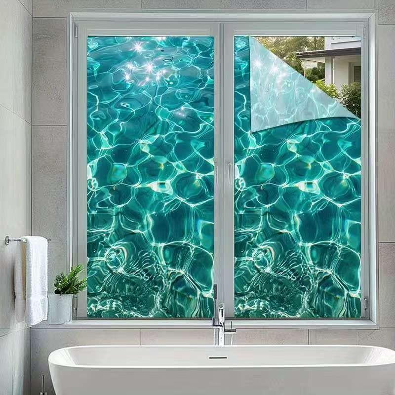 2D PVC Painted Glass Film, Reusable Blue Wave Wallpaper, Easy Removal, Ideal for Living Room, Bathroom, Bedroom, Office Decor