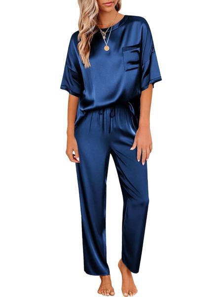 Women's Satin Silk Pajama Set, Short Sleeve Top & Long Pants, Soft Sleepwear for Women, Comfortable Loungewear for Home Use