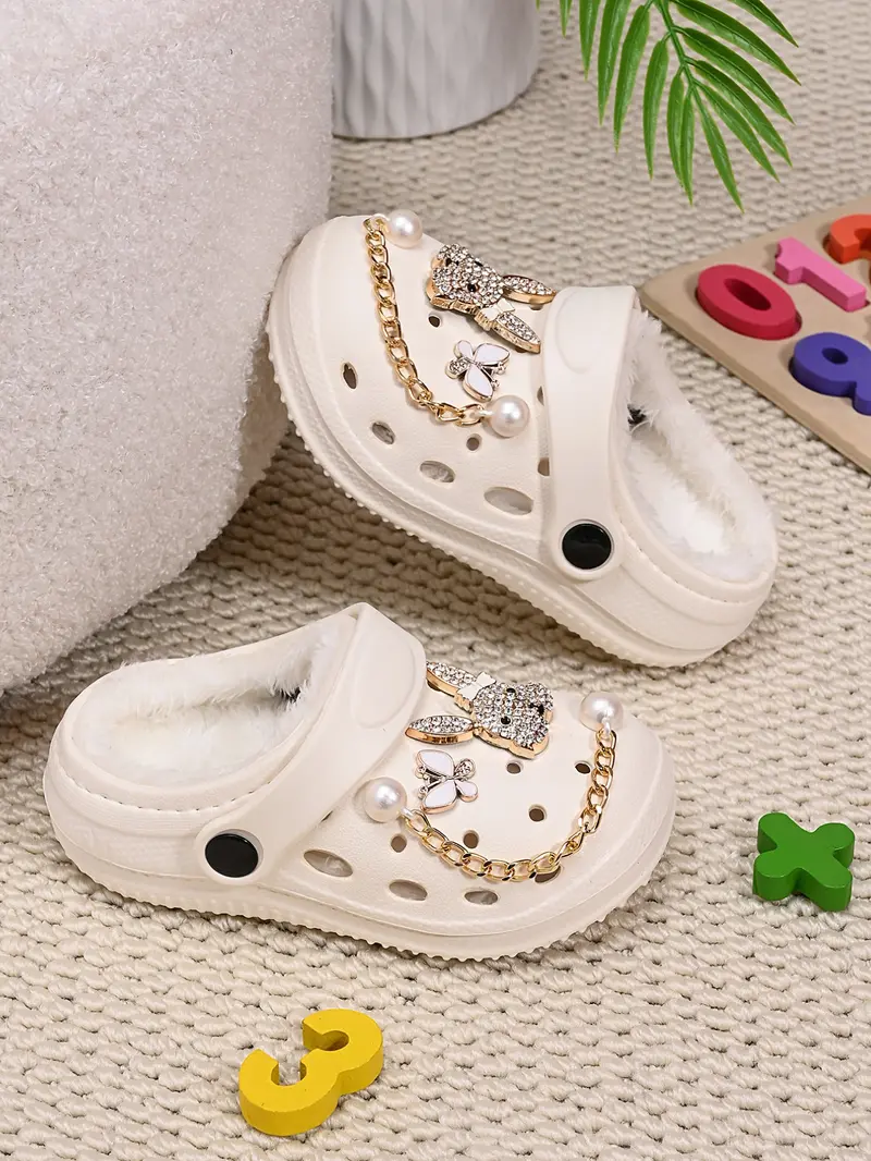 Water Drill Rabbit Butterfly Pearl Chain Fuzzy Warm Shoes, Girl Winter Anti-Slip Plush Toe Slippers, Casual Eva Material, Butterfly Pattern Slippers, Fuzzy House Slippers