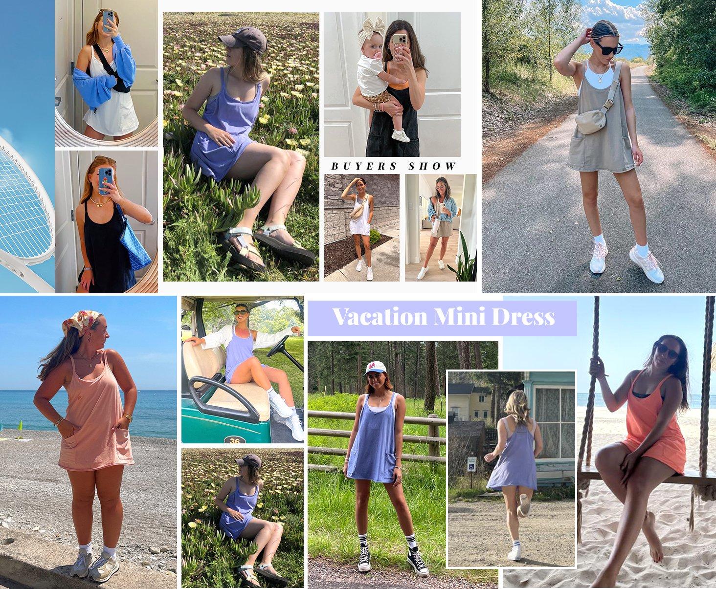 Tanming Women's Athletic Sleeveless Mini Dress with Built-in Shorts V Neck Spaghetti Strap Short Tennis Dress with Pockets Casual Mom Life Postpartum Style