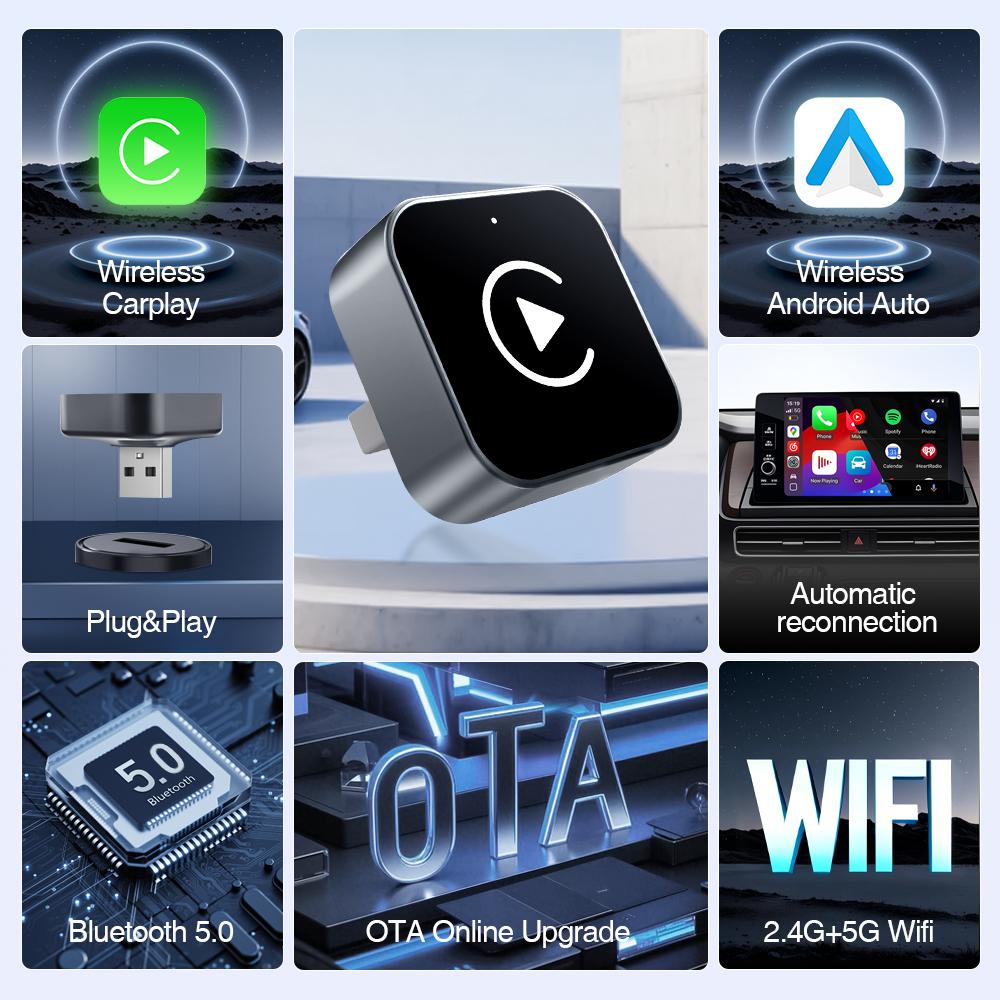 Wireless CarPlay & Android Auto Mini Adapter, Fast-Cooling Portable Plug-and-Play Bluetooth-Compatible Connection Dongle