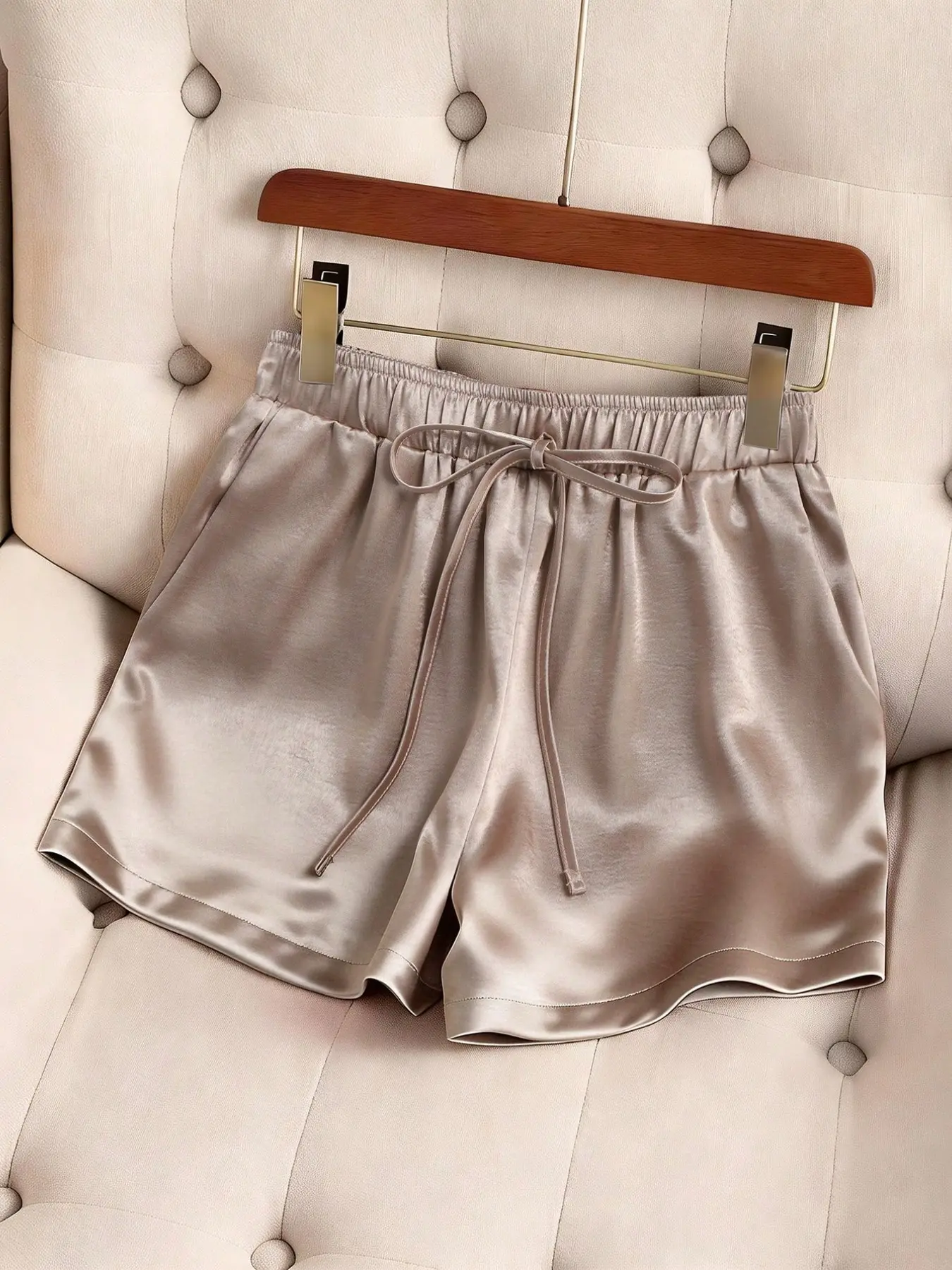 Elegant Champagne Gold Satin Shorts, Smooth Ice Silk Drawstring Waist, Lazy Style Home & Outwear, Versatile Two-In-One Shorts