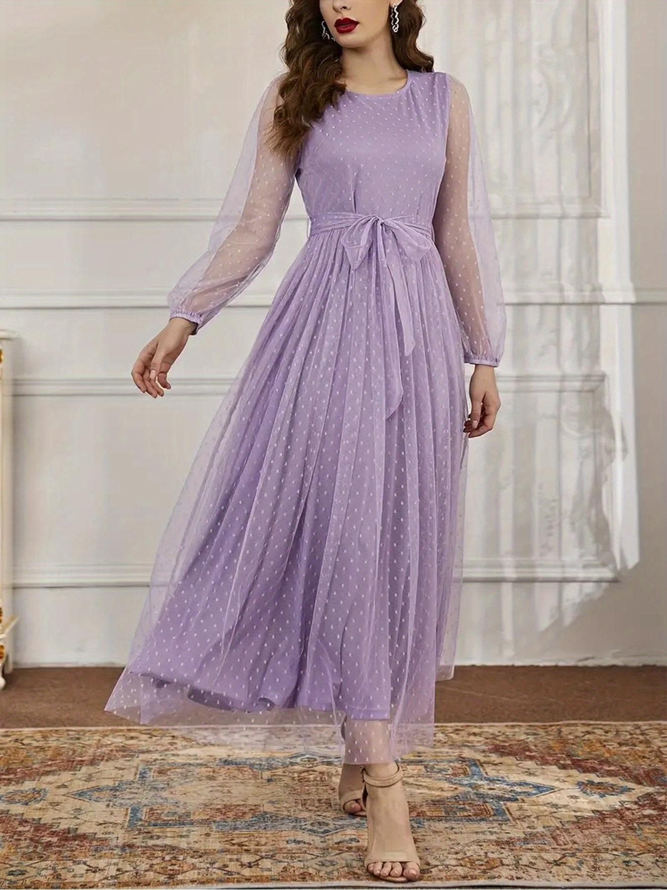 Mesh Maxi Dress for Women, Long Sleeve, Sheer, Lightweight, Fairy & Soft Vibe, Polka Dot Print, Flowy Skirt, Elegant Loose-Fitting Formal Evening Dress, Perfect for Wedding, Prom, Brunch
