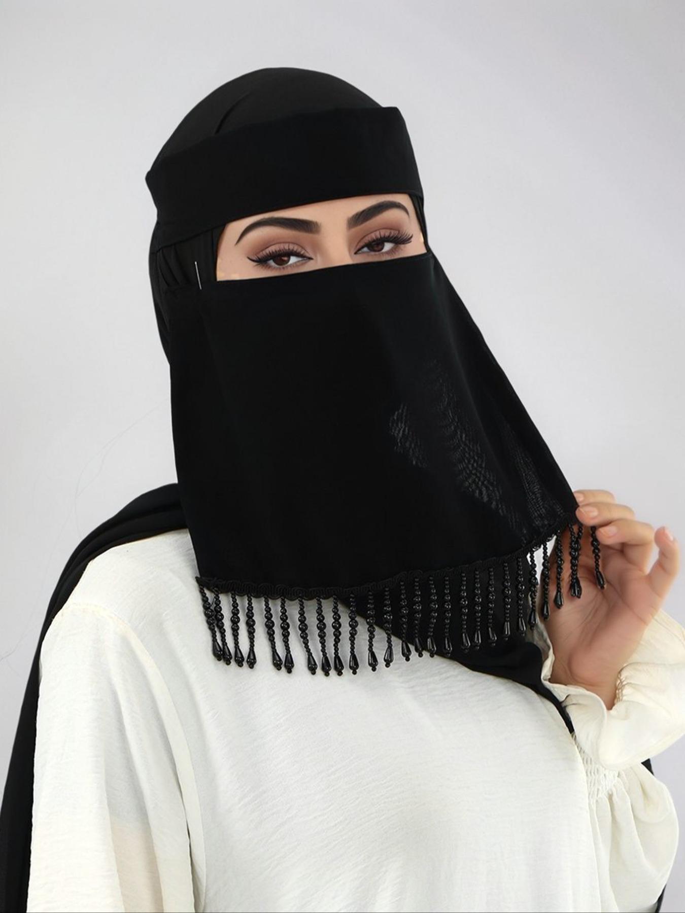 Women's Plain Beaded Fringe Mask with Elastic Band, Daily Use Headscarf, Sparkling Casual Hijab, Niqab, 1pc Ladies Face Covering