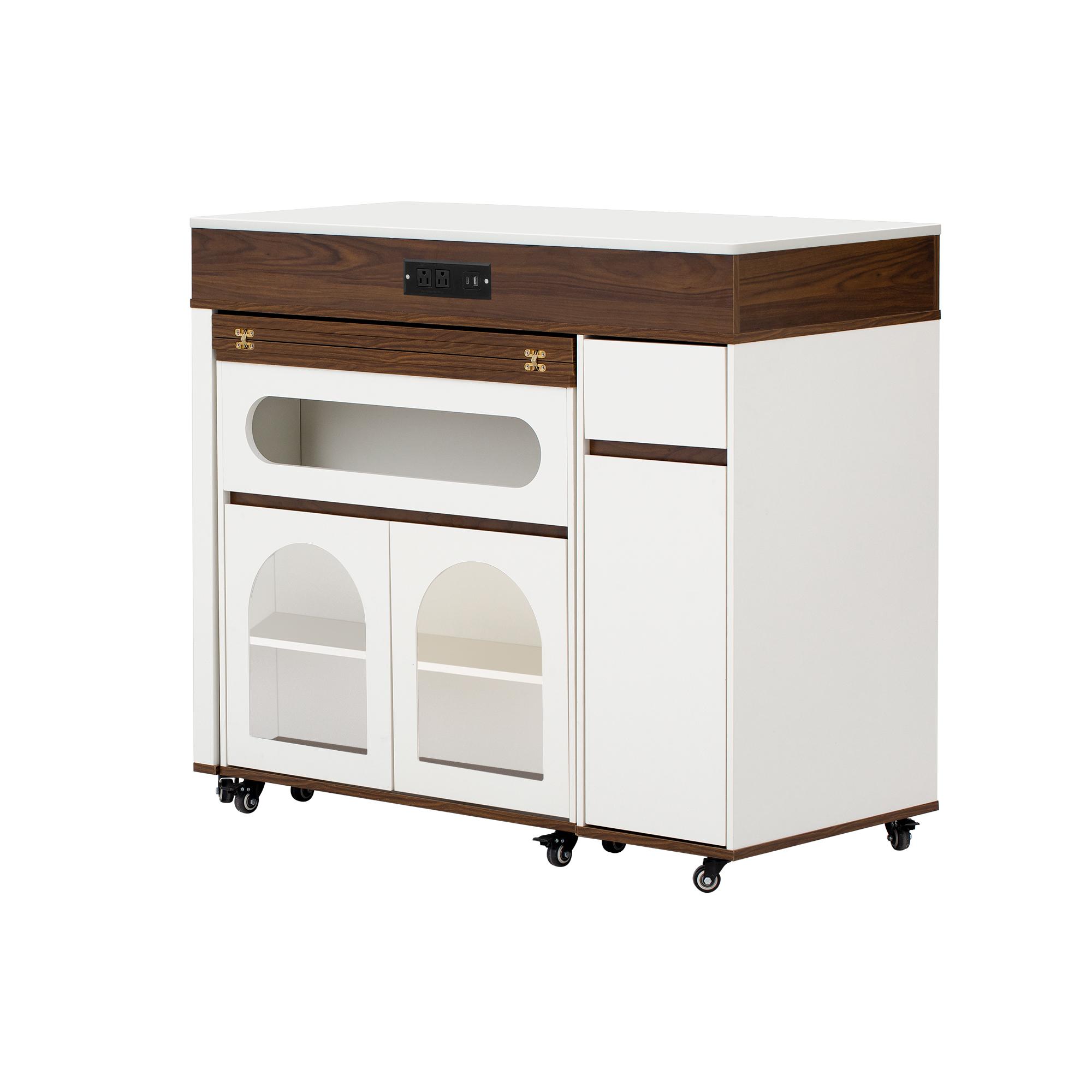 TREXM Extendable Dining Table with Extra-Long Folding Top Rolling Kitchen Island with Drawers Power Outlet Brake Lock Storage Cabinet for Kitchen Dining Room Walnut Creamy White Combo Item
