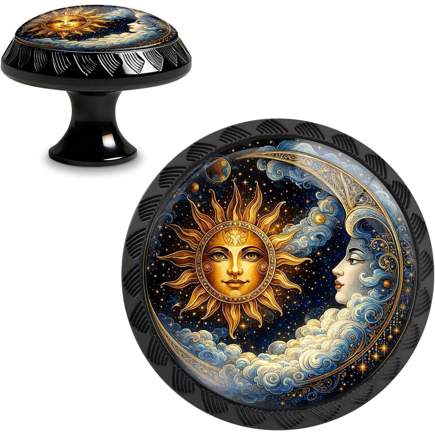 4 Pack Sun and Moon Celestial Cabinet Knobs, Round  Glass Drawer Pulls,   Sky Sun Moon Decorative Knobs for Dresser Kitchen Wardrobe Cupboard Door Handles