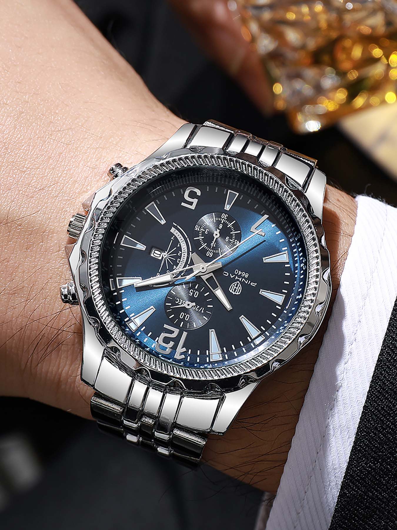 Men's Omega Business Large Dial Steel Band Multi-Function Digital Calendar Quartz Watch