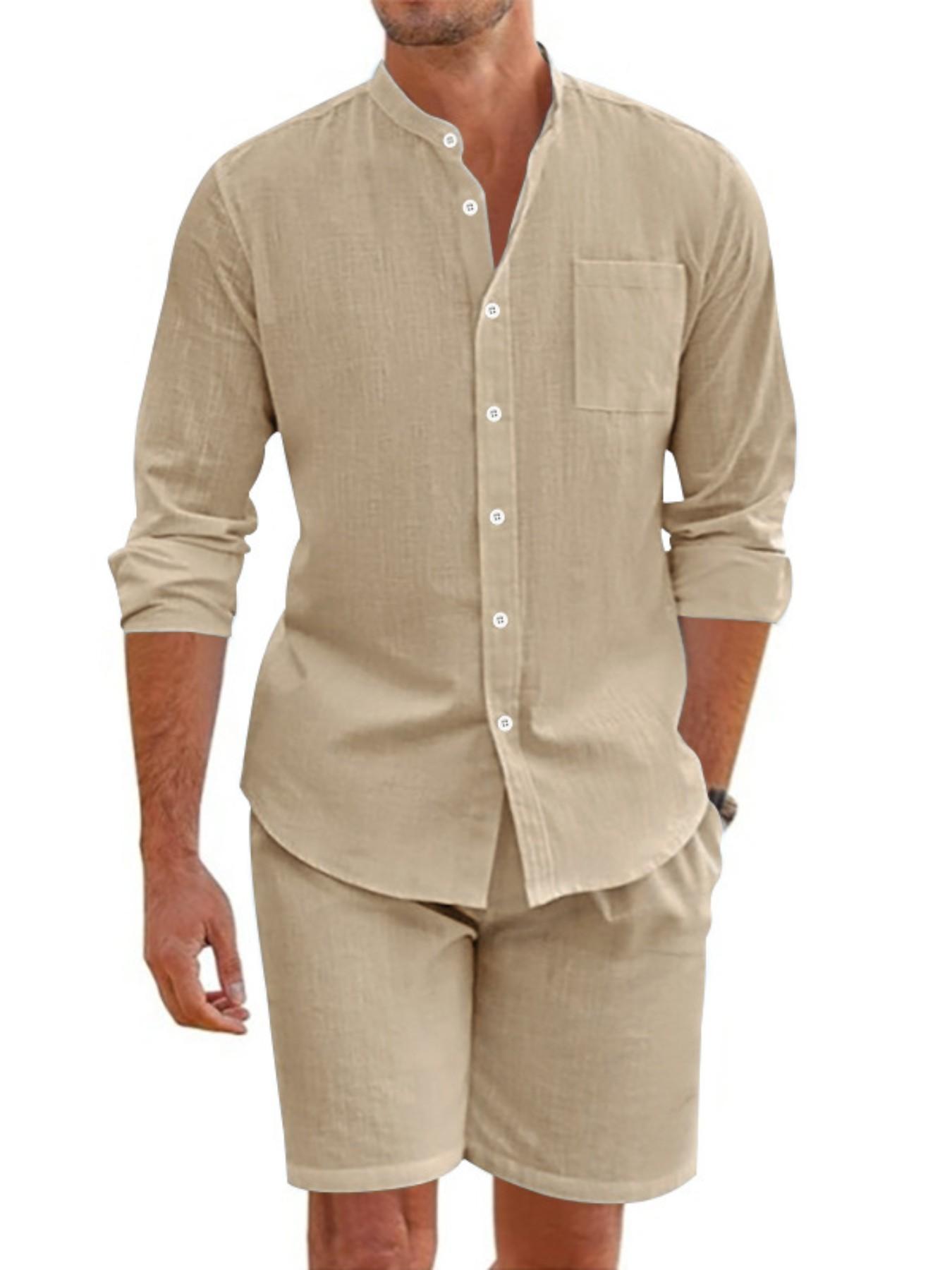 Men's Summer Linen Plain Button-Up Shirt Long Sleeve Shorts Cardigan Casual Loose Beach Set, 2026 Cross-Border Fashion