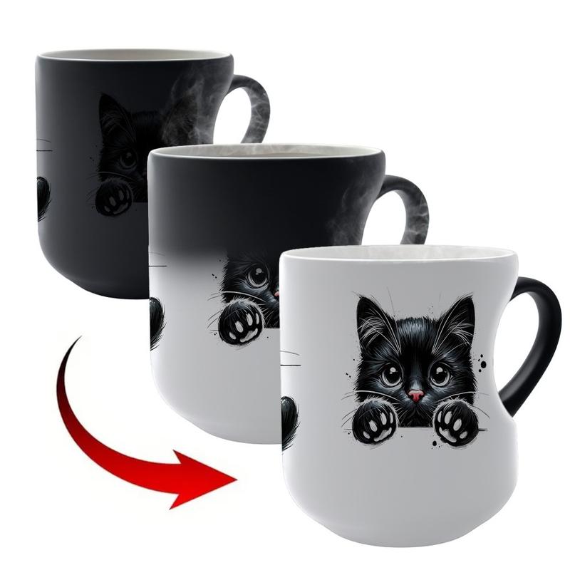 1pc Magic Color-Changing Mug - Thermosensitive Ceramic Cup Changes Color When Hot Drinks Are Added (-Activated), With Cute Black Cat Design, Double-sided print, Hand Wash Only, Reusable Gift for, Tea, Cocoa, 11oz 325ml Funny Mug
