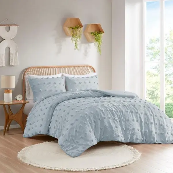 Nokaa King/Cal King Clip Jacquard Comforter Set with Pompom Details, Blue Polyester Hypoallergenic Bedding, OEKO-TEX Certified, Antimicrobial, Machine Washable, Includes Comforter & 2 Shams, for Master Bedroom