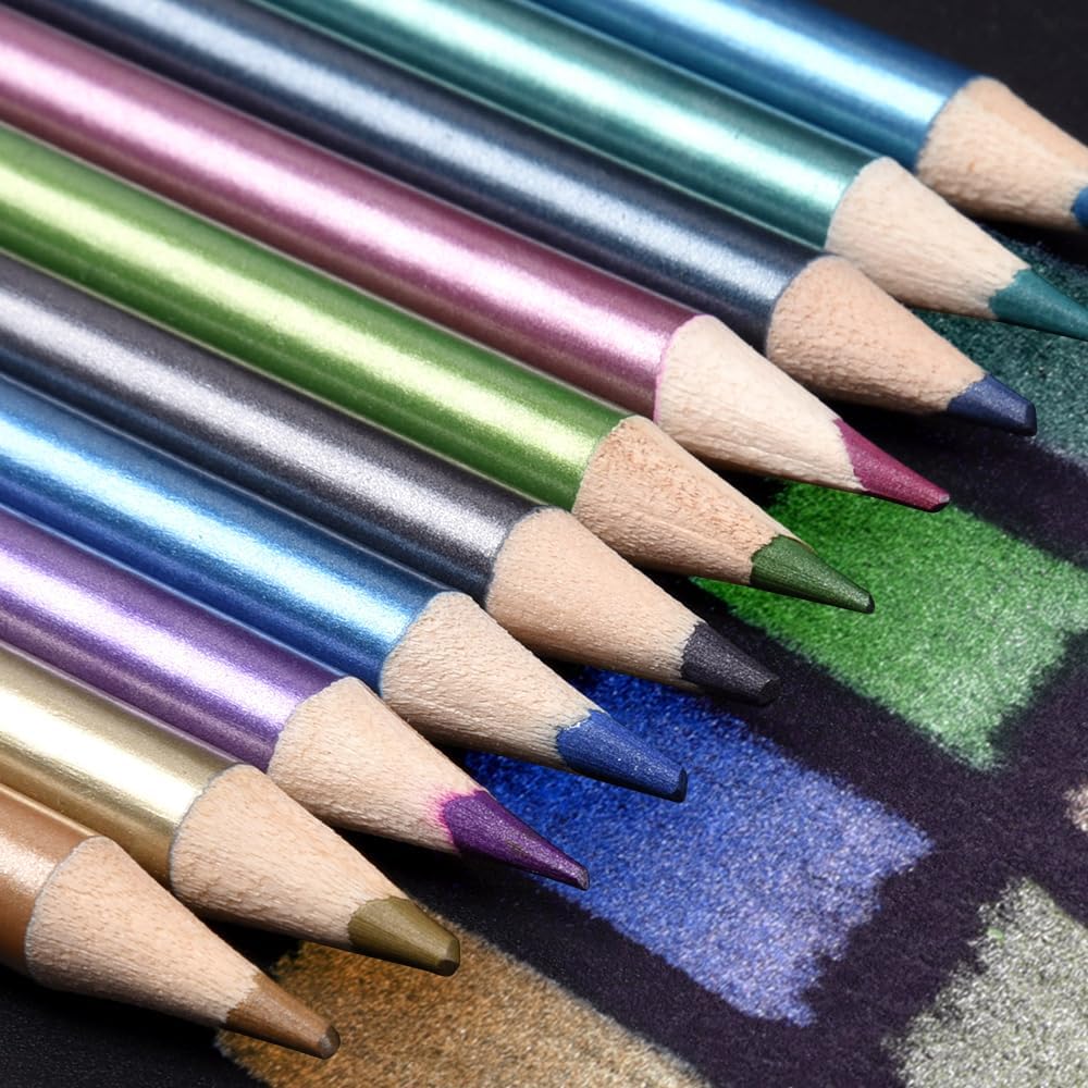 10 count Metallic Colored Pencils Set, Oil Based Drawing Pencils, Pre-sharpened Wooden Professional Sketch Pencil Art Supplies for Adults, Coloring Books, No Duplicates