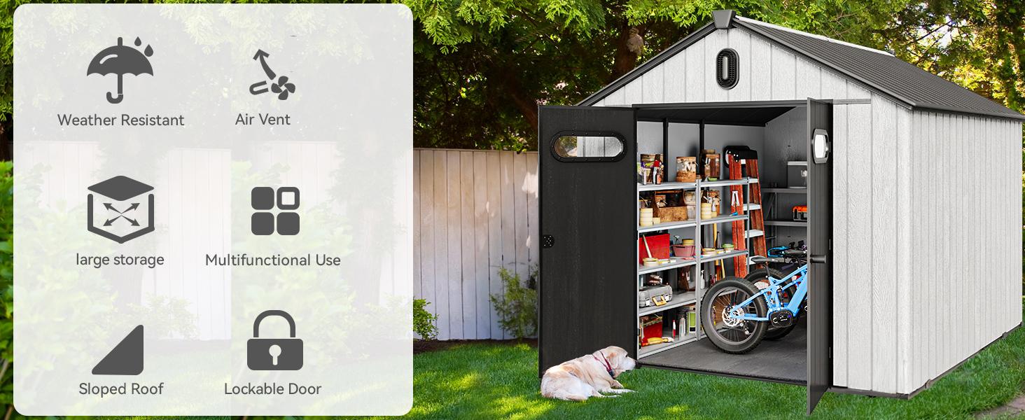 Yitahome 8x10FT Resin Storage Structure, Outdoor 544 Cuft Plastic Garden Storage Unit with Windows, Vents and Lockable Entrance, Waterproof Tool Organizer with Flooring for Lawn Equipment, Gray