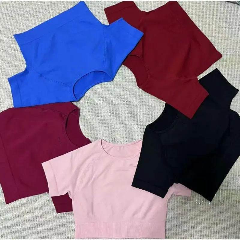 Women's DF Seamless 2-Piece Activewear Set - Short-Sleeve Yoga Top & Ruched Cuffed Shorts, Athletic Style Activewear, Workout Gym Clothing, Training Clothes, Sporty Style Outfits [DXDT]