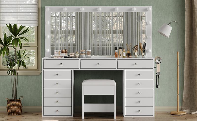FUSOU 55"W 13 Drawers Vanity Desk, Makeup Vanity with Power Outlet, Vanity Table with Mirror and 13 LED Bulbs, 3 Color Lighting Modes, Glass Top, Dressing Table for Bedroom
