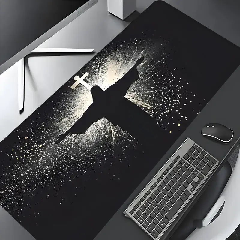 Jesus & Cross Illuminated Design Gaming Mouse Pad, Desktop Protection Pad, Computer Desk Accessory, Non-Slip Rubber, Washable, Stitched Edges, Multi-Size Desktop Pad for Home Office, Gift for Family and Friends