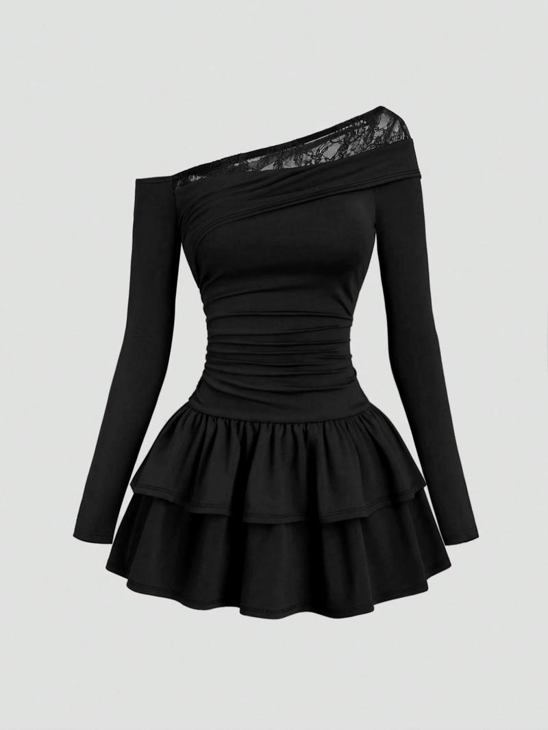 Women's French Vintage Lace Patchwork Off-Shoulder Ruched Waist Double Layer Cake Skirt Elegant Long Sleeve Dress