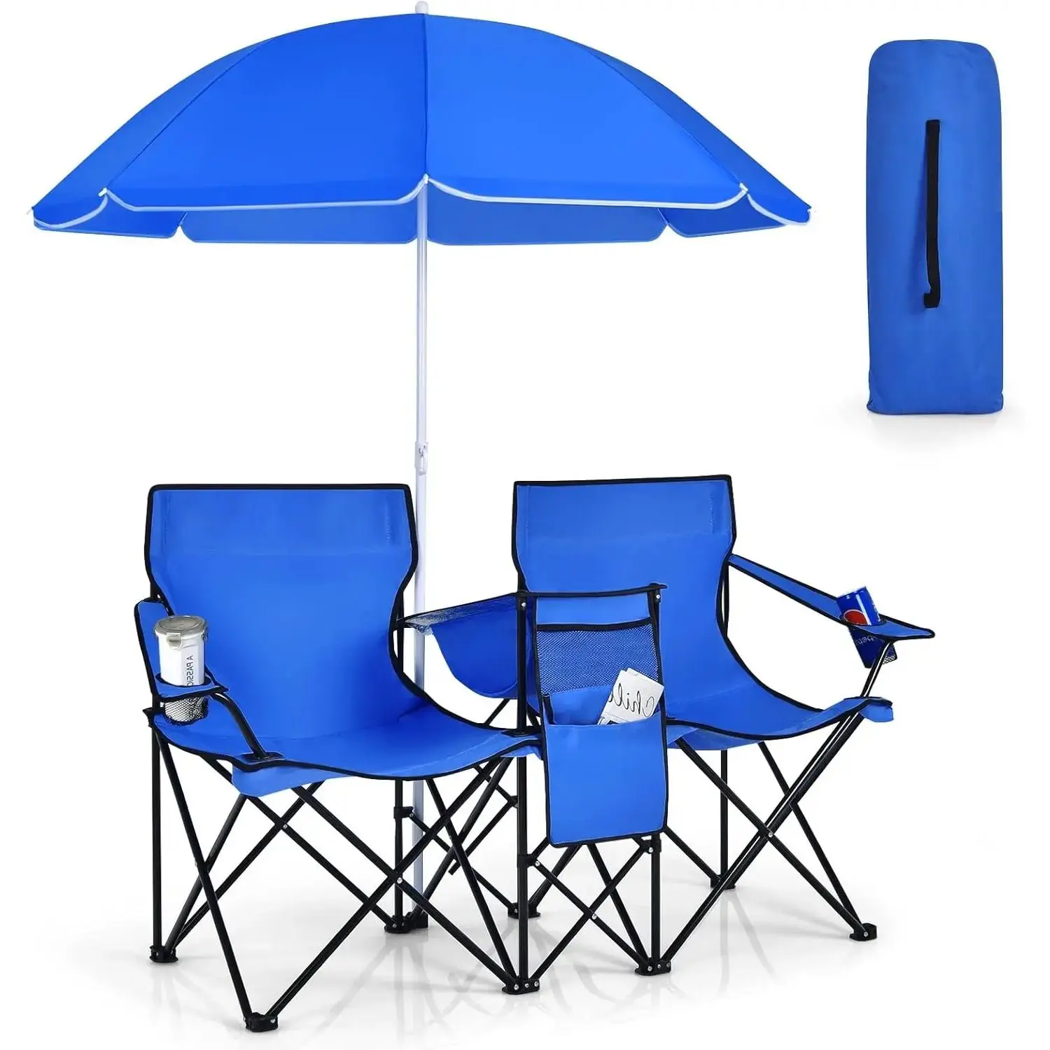 Folding Double Camping Chair with Detachable Umbrella - Lightweight Foldable Ergonomic Beach Chair Set, Outdoor Stuff for Adults with Cooler Bag, Beverage Holder, Carry Bag
