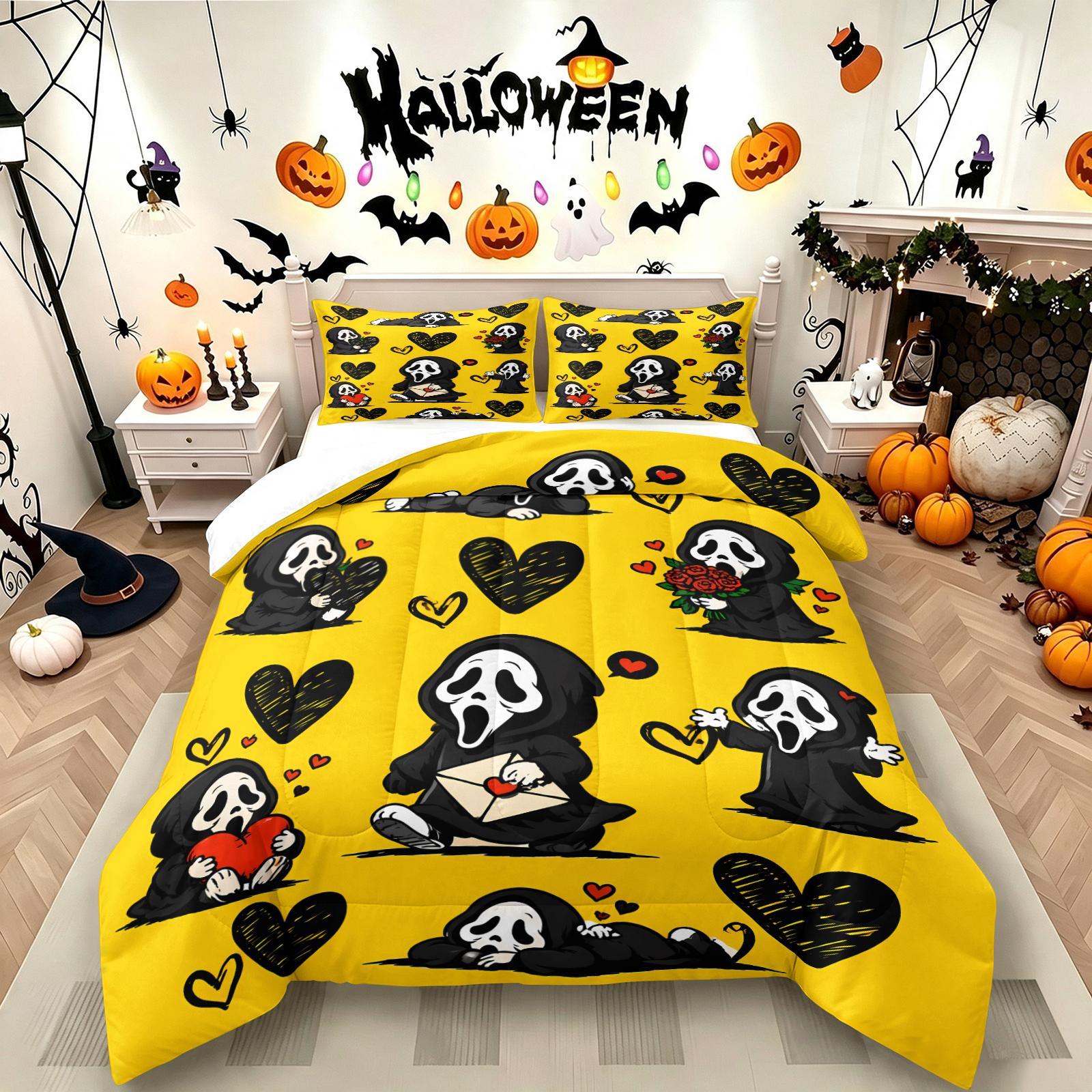 Color-Block Plaid Chibi Hugging a Teddy Bear, Pulling a Suitcase and Playing Phone Ghostface Print Comforter Set & 1-2 Pillowcases, Comfortable Easy Care Bedding, Halloween or Movie Fans Bedroom Dorm Decor