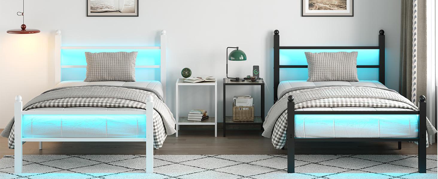 Modern Metal Bed Frame w/ Headboard + Footboard | Charging Station & LED Lights