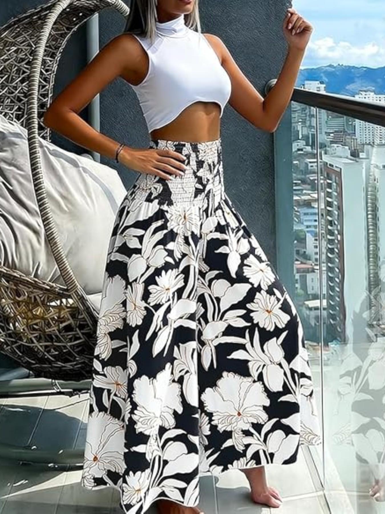 Boho Print Ruched Flowy High Waisted Wide Leg Pants, Bohemian Wide Leg Flowy Long Pants for Summer Beach Vacation, Casual Boho Pants, Women's Fashionable Loose-Fitting Bottoms