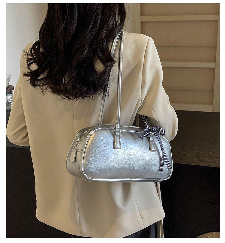 Vintage Waxed Leather Bowknot Baguette Bag, Luxury Commute Underarm Shoulder Bag, Versatile Texture Handbag, Korean Style Ins Fashion Bag for Women