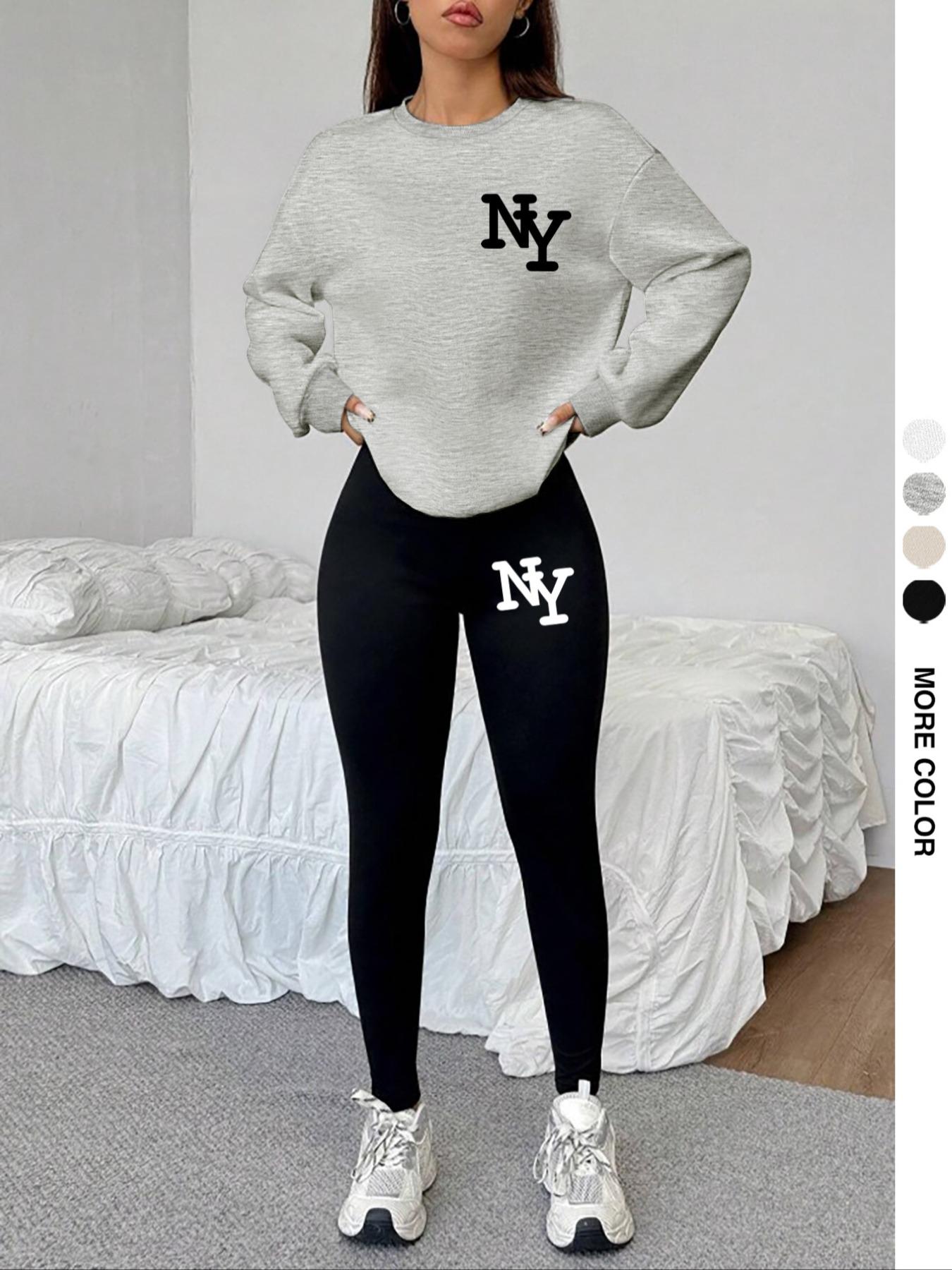 Women's 2-Piece Sweatshirt Set, Ny Letter Print, Round Neck Long Sleeve, Long Pants, Casual Fall Winter, Fitted Style Women's 2-Piece Sweatshirt Set, Ny Letter Print, Round Neck Long Sleeve, Long Pants, Casual Fall Winter, Fitted Style