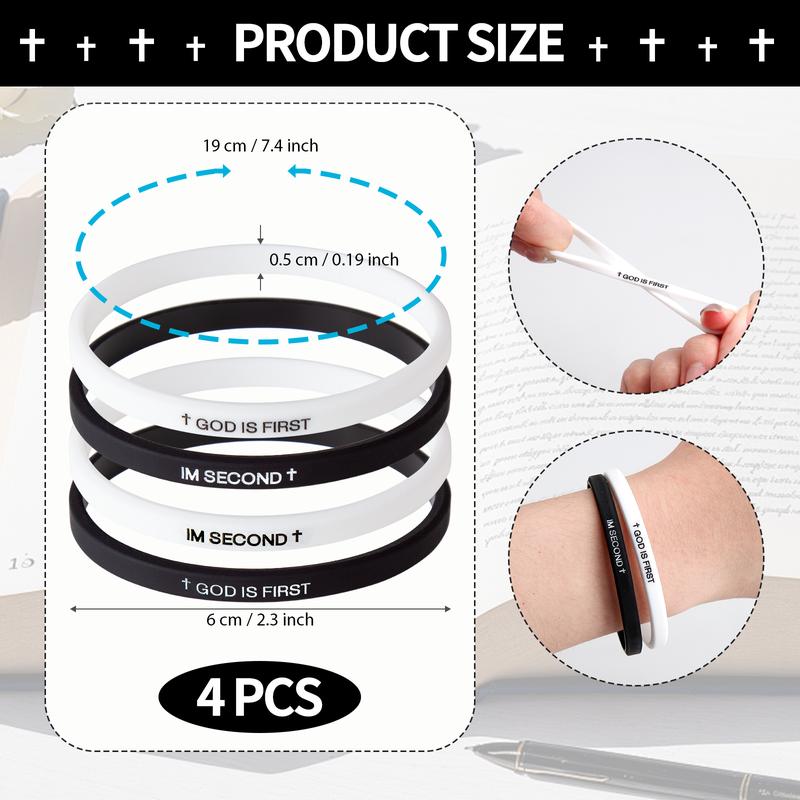 4 Pack GOD IS FIRST IM SECOND Bracelets - Interchangeable Black & White Christian Silicone Bands, Mix & Match Scripture Wristbands, and Uplifting Christian Gift Set for Men Women Teens