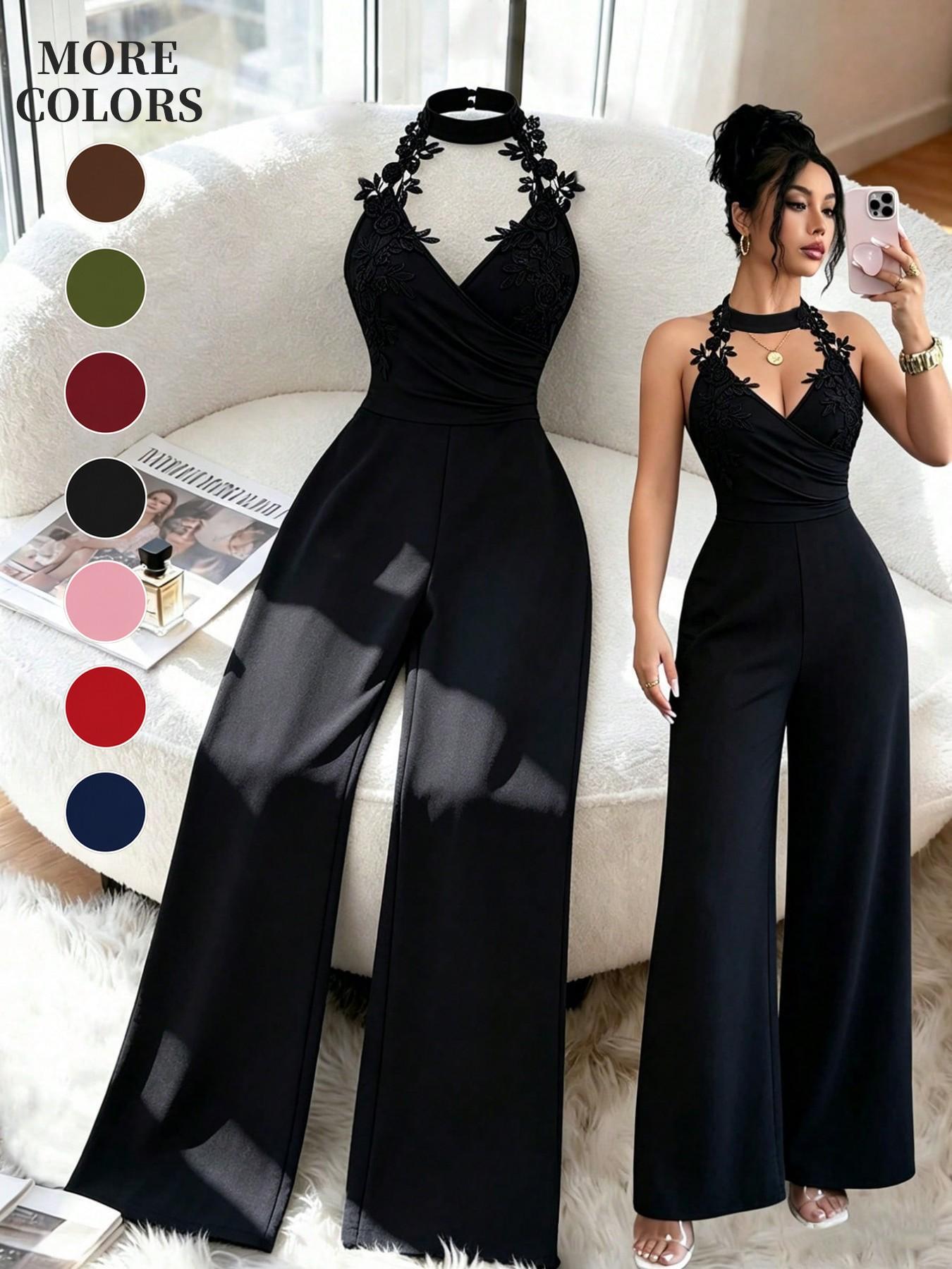 Floral Lace Halter Deep V Cross Back High Waist Bodycon Pants, Sexy & Elegant Design for Dates & Parties, Perfect Fit for Special Occasions