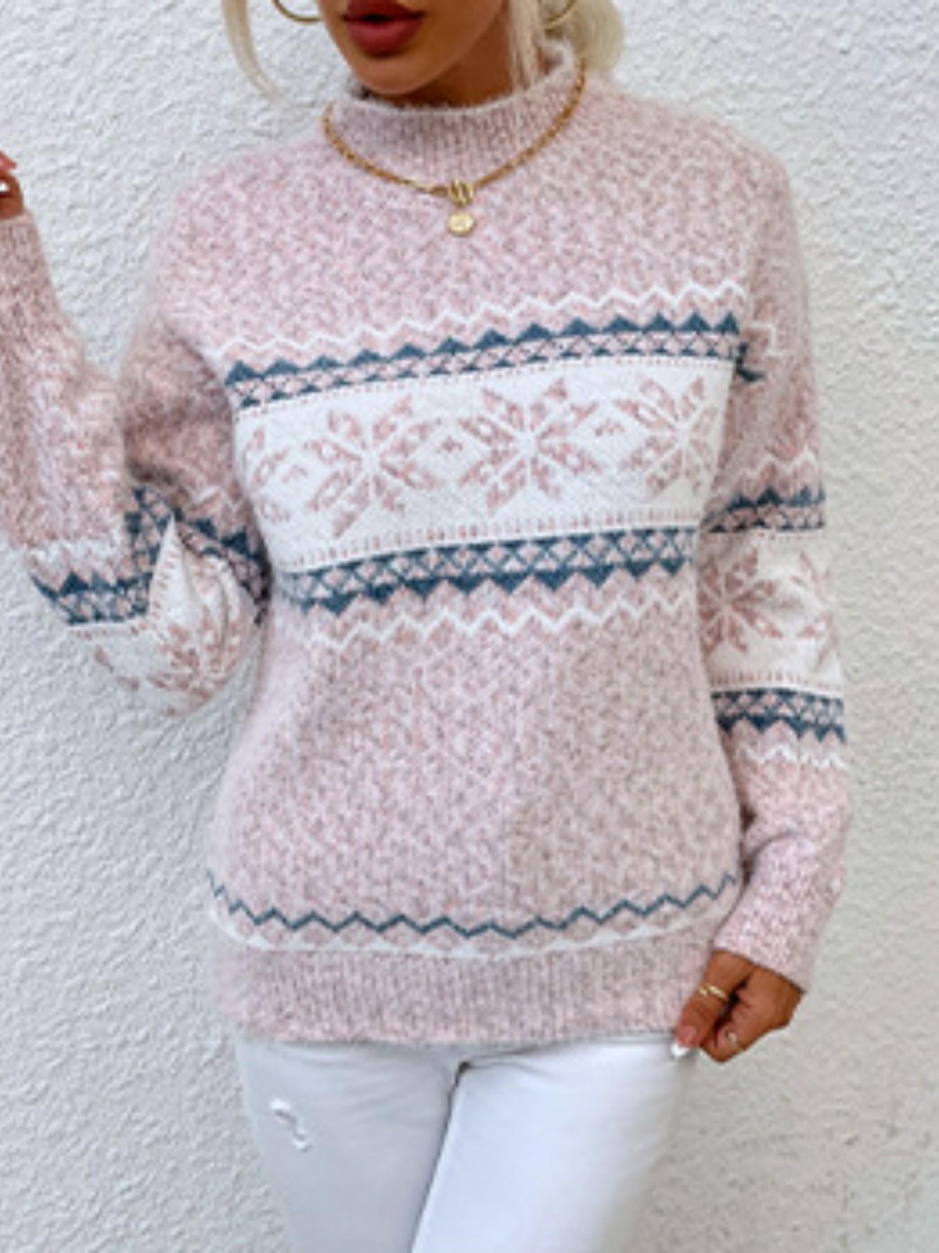 1 Piece 2026 Fall Winter New Knit Sweater, European American Lazy Style, Thick Warm Chenille Fabric, Mock Neck Long Sleeve Snowflake Jacquard Oversized Top, Women Christmas Party Commute Casual Pullover