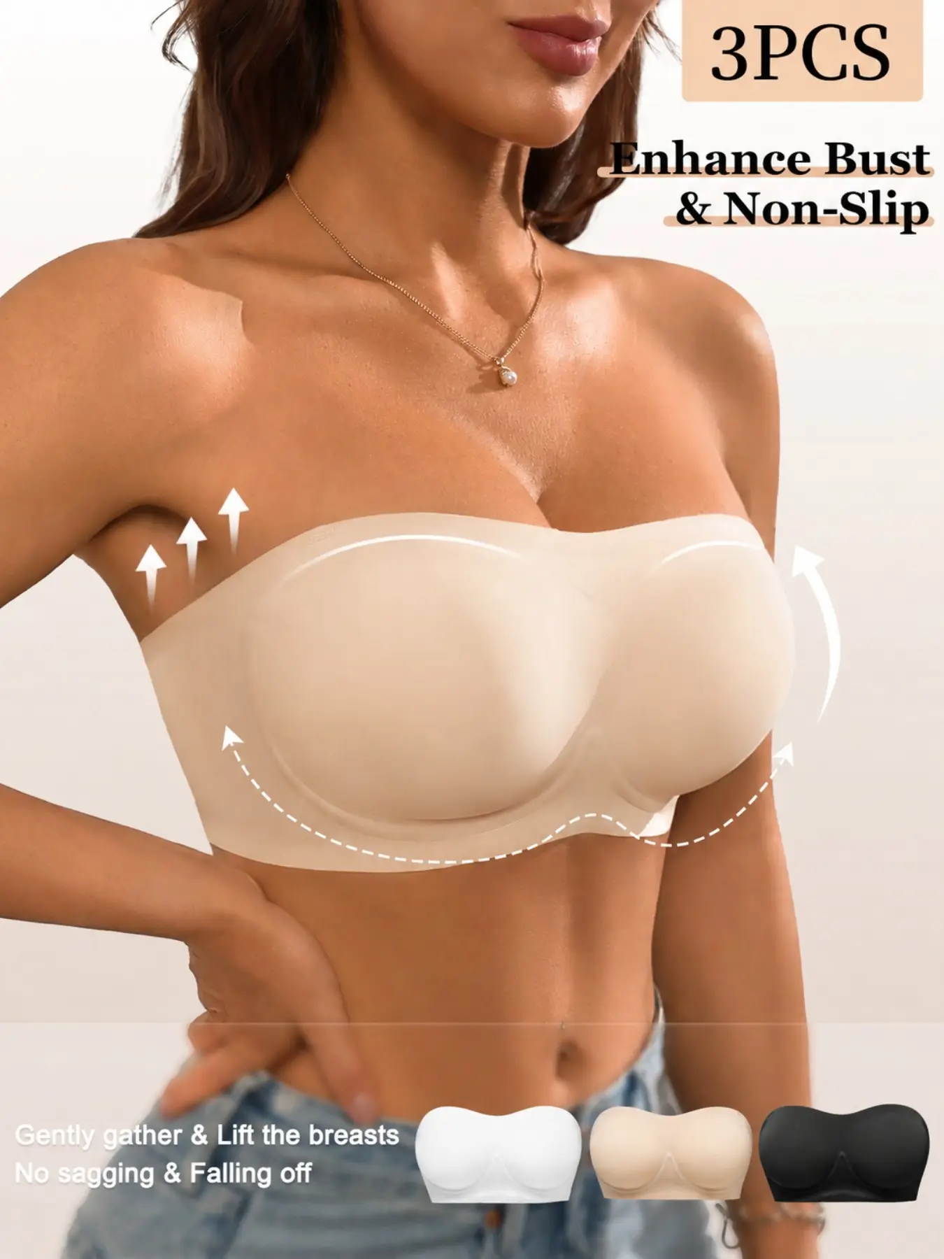 Strapless Jelly Gel Bra for Women, Non-Slip Silicone Grip Bandeau Bra, Wireless Push Up Tube Top Bra, Seamless Comfort Bustier Medium