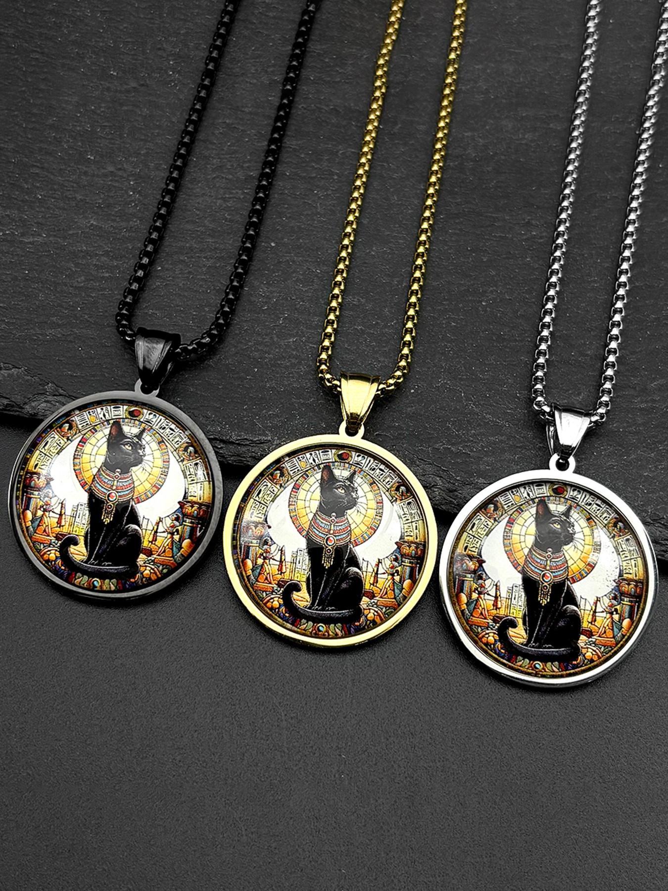 Vintage Black Egyptian Cat Goddess Bastet Glass Pendant Necklace Stainless Steel Gold Color Ancient Egypt Chain Amulet
