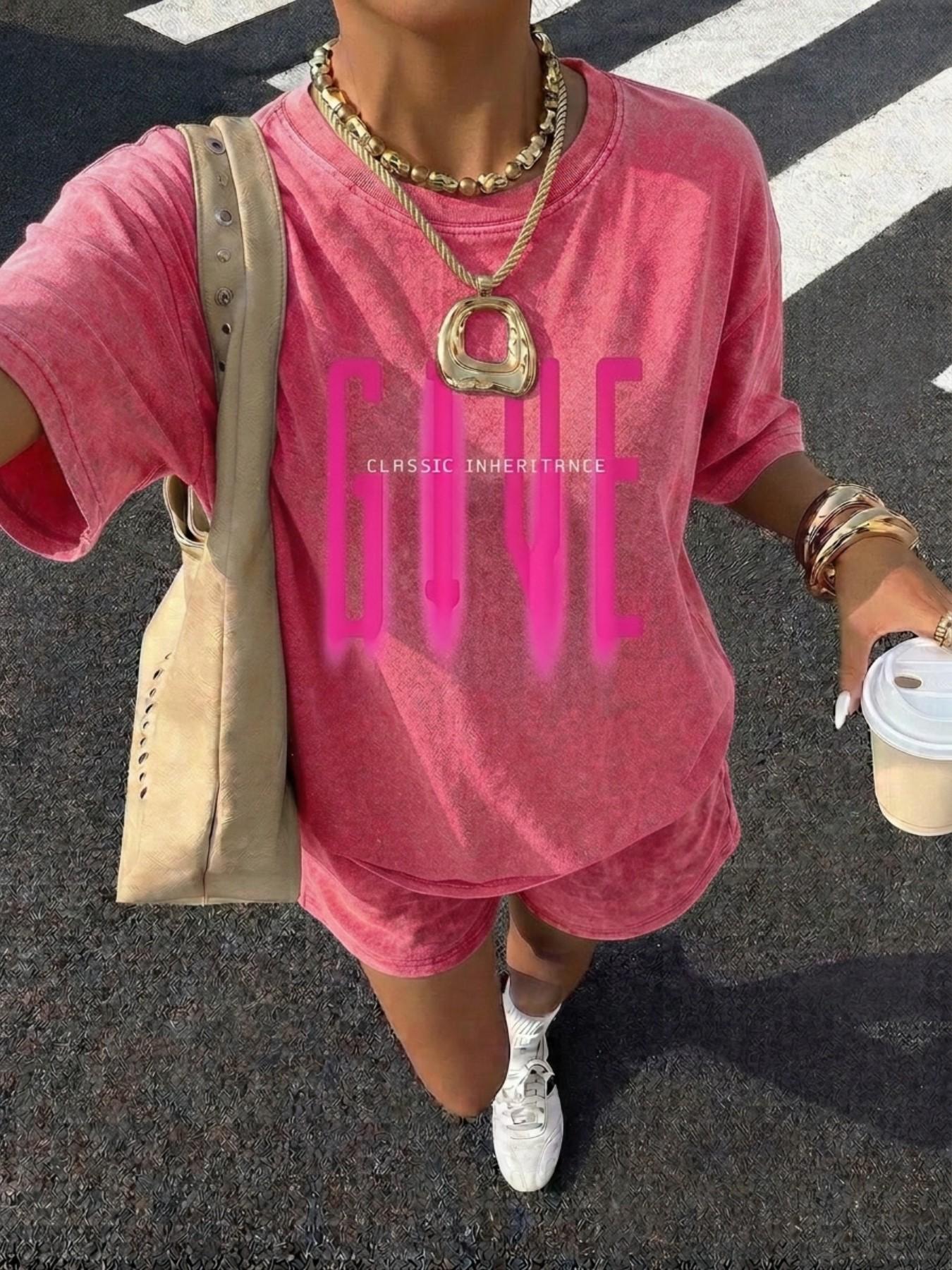 Summer Women's Cotton Letter Print T-Shirt & Shorts Set, Vintage Washed Logo Print, Casual Everyday Streetwear, Comfortable and Versatile