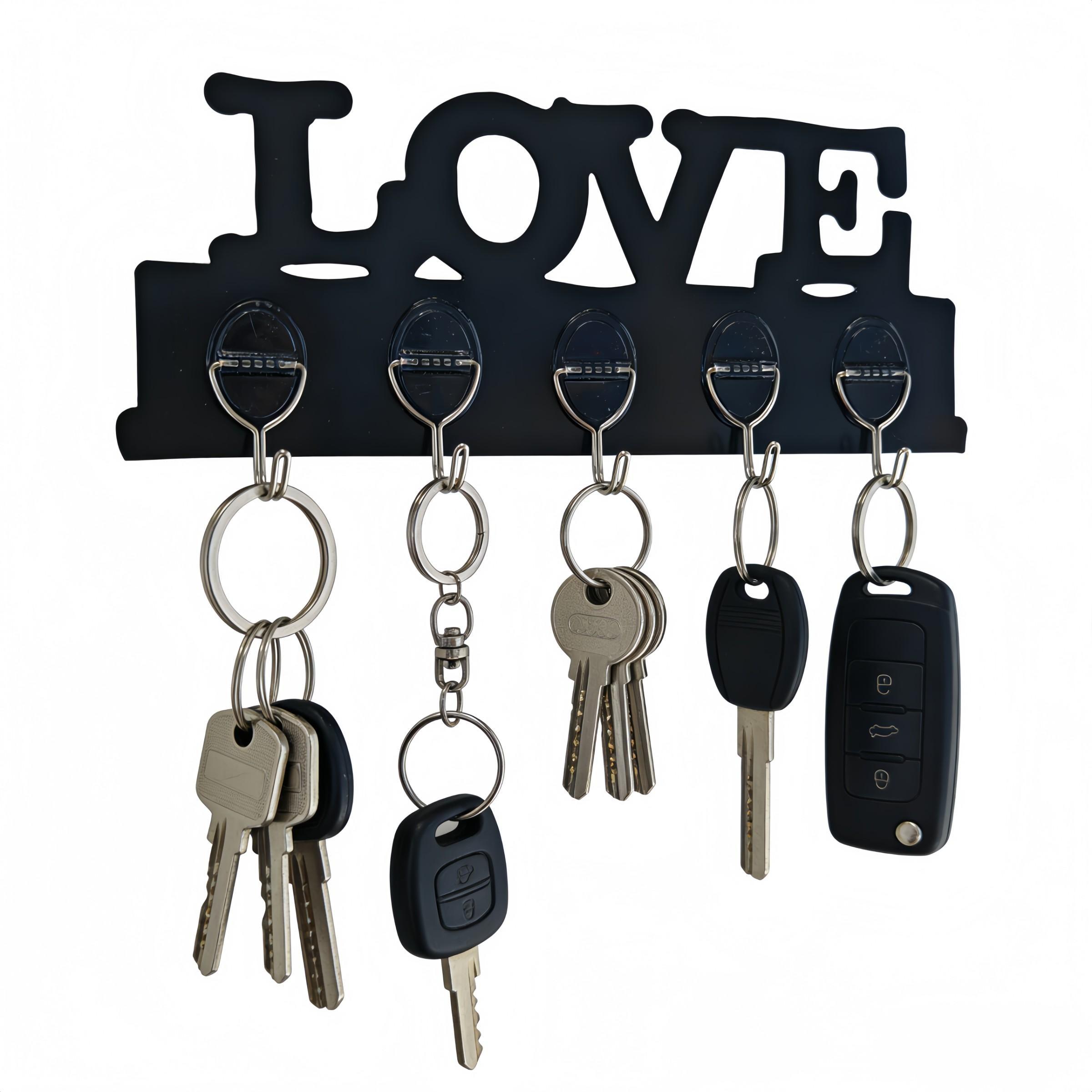 2-Pack Love Graphic Plastic Hook Rack, Wall-Mounted Key Hooks, 5 Strong Hooks, Easy Install with Adhesive Backing, Ideal for Entryway Organization